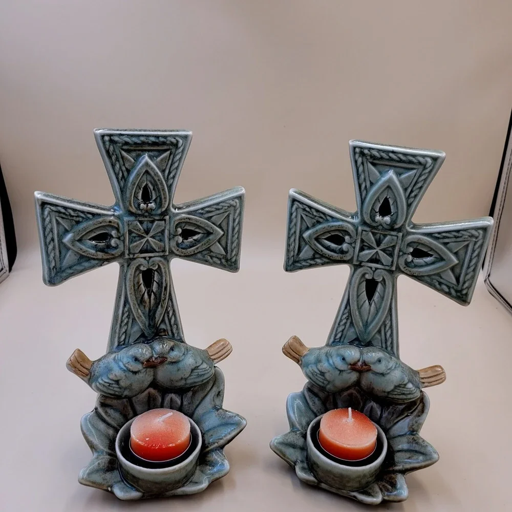 Celtic Cross Ceramic Candle Holder Set of 2 Blue Green Glaze with Birds Decor